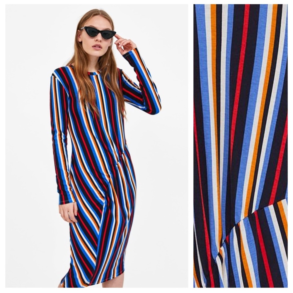 Zara Vintage Inspired Ribbed Rainbow Stripes Midi Dress